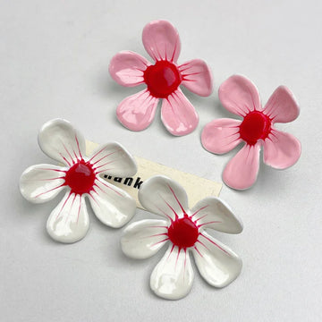 Daiiibabyyy Exaggerated Enamel Glaze Pink Large Flower Stud Earrings For Women's Vacation Style Personality Party Wedding Jewelry
